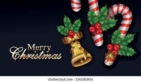 happy merry christmas letterings with leafs and sweet canes vector illustration design