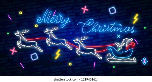 Happy Merry Christmas neon sign. Night party. Neon sign, bright signboard, light banner.