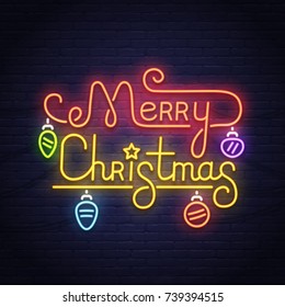 Happy Merry Christmas neon sign. Night party. Neon sign, bright signboard, light banner.