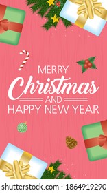 happy merry christmas and new year card with gifts and leafs vector illustration design