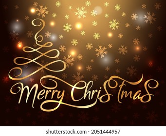 Happy Merry Christmas and New Year invitation golden card with xmas tree, vector illustration
