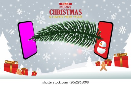 Happy merry Christmas online. Delivering happiness through online calling. On a white snow background