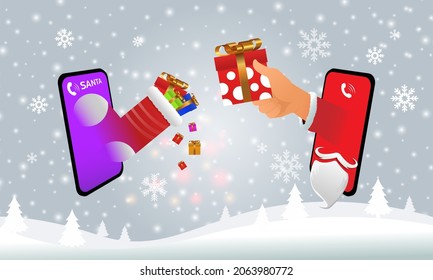 Happy merry Christmas online. Delivering happiness through online calling. Give gifts online through phone calls. On a white snow background