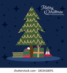 happy merry christmas pine tree with gifts vector illustration design