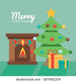 happy merry christmas pine tree with gifts in chimney flat style icon vector illustration design