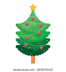 happy merry christmas pine tree with balls and star vector illustration design