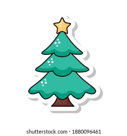 happy merry christmas pine tree sticker icon vector illustration design