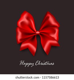 Happy Merry Christmas. Red gift silk bow vertical banner. Season holidays background. Realistic 3d satin ribbon isolated.