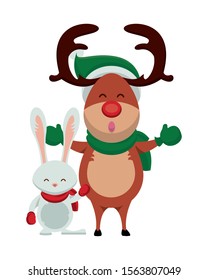 happy merry christmas reindeer with rabbit vector illustration design