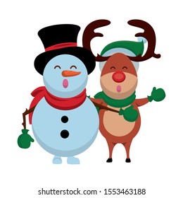 happy merry christmas reindeer and snowman vector illustration design