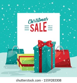 happy merry christmas sale card with gifts vector illustration design