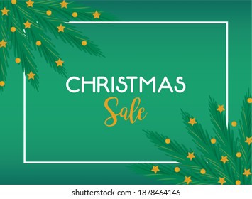 happy merry christmas sale lettering card with stars and balls in firs leafs vector illustration design