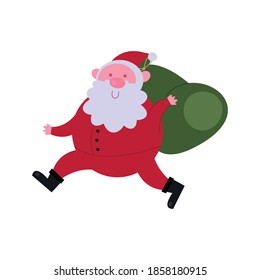 happy merry christmas santa claus running with bag vector illustration design