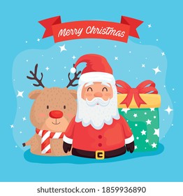 happy merry christmas santa claus with reindeer and gift vector illustration design