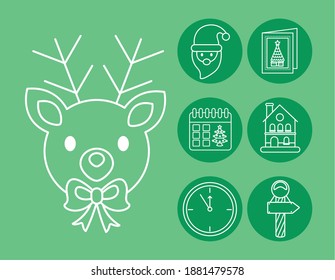 happy merry christmas santa claus and set icons line style vector illustration design