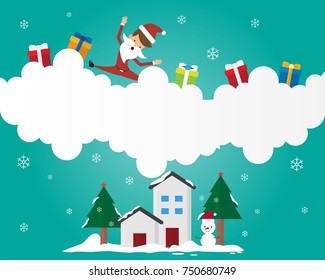 Happy Merry Christmas Santa Claus On Sky and Home with Gift Box, Greeting Card Background Illustration Paper Art