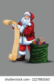 happy merry Christmas Santa clause holding parchment roll reading letter wish list preparing for xmas eve with holding gift box. vector illustration design.