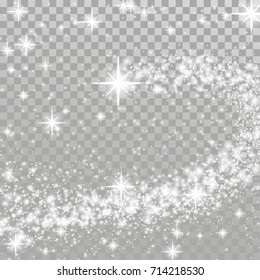 Happy merry Christmas shooting star transparent layout. Sparkling light effect isolated over checkered background. Shimmering Bright silver beautiful abstract overlay template. Vector illustration