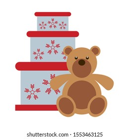 happy merry christmas sweet cake with snowflakes and bear teddy vector illustration