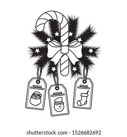 happy merry christmas sweet cane and bow with wreath vector illustration design