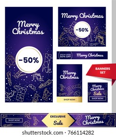 Happy Merry Christmas theme banners big collection for shopping.Magical purple and golden. Place for sales and special offers text.Flat simple modern polygonal icons of shoes-boots,pumps,sneakers,bags