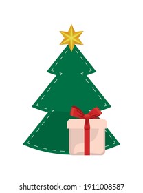 happy merry christmas white gift and red bow in pine tree vector illustration design