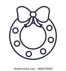 happy merry christmas, wreath with ball bow decoration vector illustration line icon