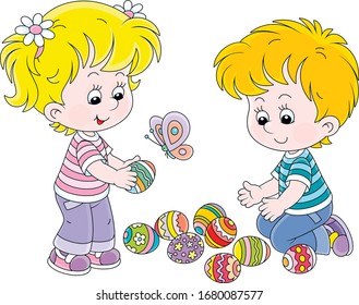 Happy and merry little children collecting colorfully painted and decorated eggs after an Easter egg hunt on a spring field, vector cartoon illustration on a white background