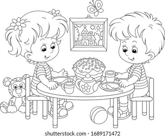 Happy and merry little children at their festive table with a decorated sweet Easter cake and cups of tea in a nursery room, black and white vector cartoon illustration for a coloring book page