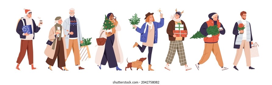 Happy Merry People Walking And Carrying Gift Boxes, Presents, Christmas Trees, Parcels After Shopping In December, At Xmas And New Year Eve. Flat Vector Illustration Isolated On White Background