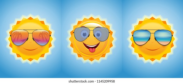 Happy merry sun in sunglasses. Joyful summer suns set. Vector illustration