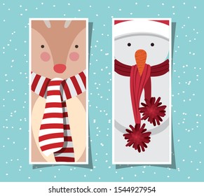happy mery christmas card with snowman and reindeer vector illustration design