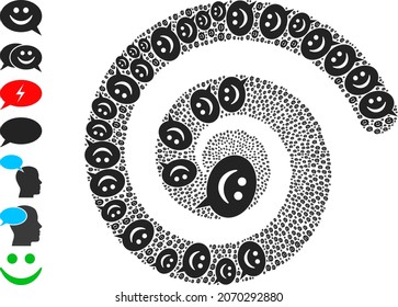 Happy message icon spiral cycle mosaic. Happy message symbols are formed into spiral vector illustration. Element cycle combined from randomly placed happy message symbols.