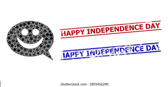Mosaico de la estrella del mensaje feliz y cierres de feliz Día de la Independencia. Sellos rojos y azules con superficie angustiosa y palabra feliz Día de la Independencia.