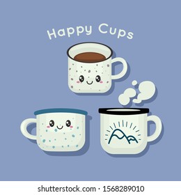Happy metal mugs with faces characters