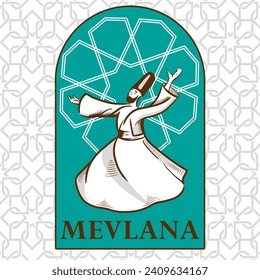 Happy Mevlana Rumi Day. Traditional Sufi Festive Mevlana Template with Dervish Whirling in religious dance.