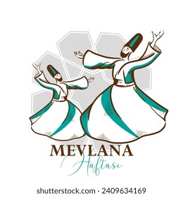 Happy Mevlana Rumi Day. Traditional Sufi Festive Mevlana Template with Dervish Whirling in religious dance.