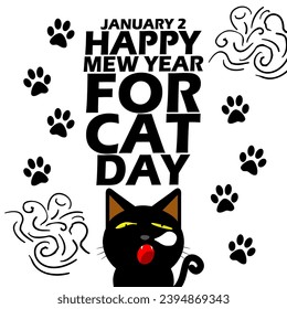 Happy Mew Year for Cats Day event banner. A sleepy black cat, with bold text and paws on white background to celebrate on January 2