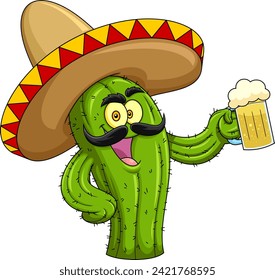 Happy Mexican Cactus Cartoon Character Holding A Glass Of Beer. Vector Hand Drawn Illustration Isolated On Transparent Background