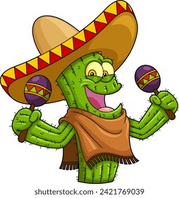 Happy Mexican Cactus Cartoon Character Shaking Maracas. Vector Hand Drawn Illustration Isolated On Transparent Background