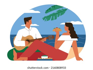 Happy mexican couple. Characters enjoying spending time together outside on the beach. Family picnic with traditional food and music. Flat vector illustration