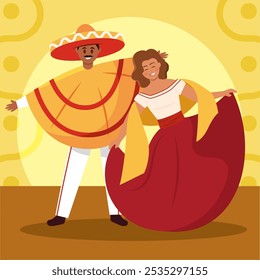 Happy Mexican couple dancing in traditional outfits, Vector