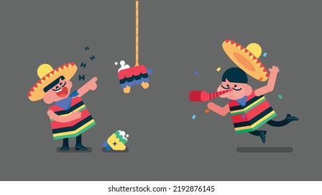 Happy mexican musician Laughing at the pinata with the severed head, kind mexican boy Blow the whistle to celebrate, with traditional wear, cute kid with mustache, Flat avatar vector illustration