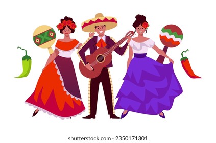 Felices mexicanos con disfraces tradicionales de estilo plano, ilustración vectorial aislada de fondo blanco. Hombre con sombrero tocando guitarra, mujeres bailando sonrientes con vestidos con rosas en el pelo