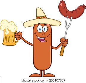 Happy Mexican Sausage Cartoon Character Holding A Beer And Weenie On A Fork. Vector Illustration Isolated On White