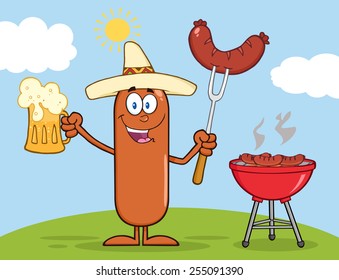Happy Mexican Sausage Character Holding A Beer And Weenie Next To BBQ. Vector Illustration 