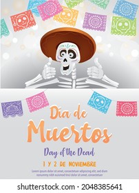 Happy Mexican skull with charro hat. Design for November 2, a Mexican tradition. Mexican Day of the Dead. Vector skeleton in hat with colorful paper cut and lights.Text place.