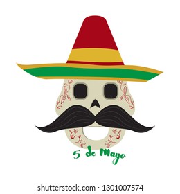 Happy mexican skull with a traditional hat. Cinco de mayo. Vector illustration design