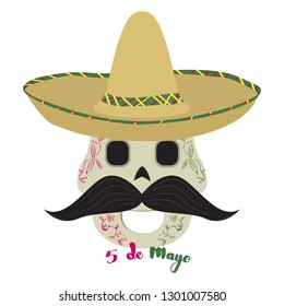 Happy mexican skull with a traditional hat. Cinco de mayo. Vector illustration design