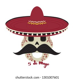 Happy mexican skull with a traditional hat. Cinco de mayo. Vector illustration design